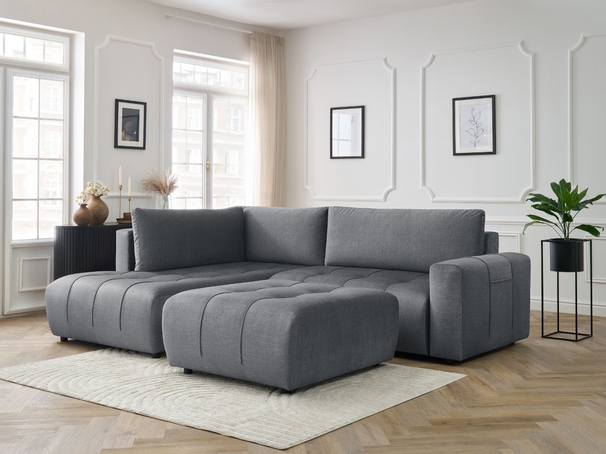 Canapé d'angle L convertible coffre ARSENE tissu velours avec pouf gris foncé angle gauche BOBOCHIC 4 places - Vue supplémentaire 3
