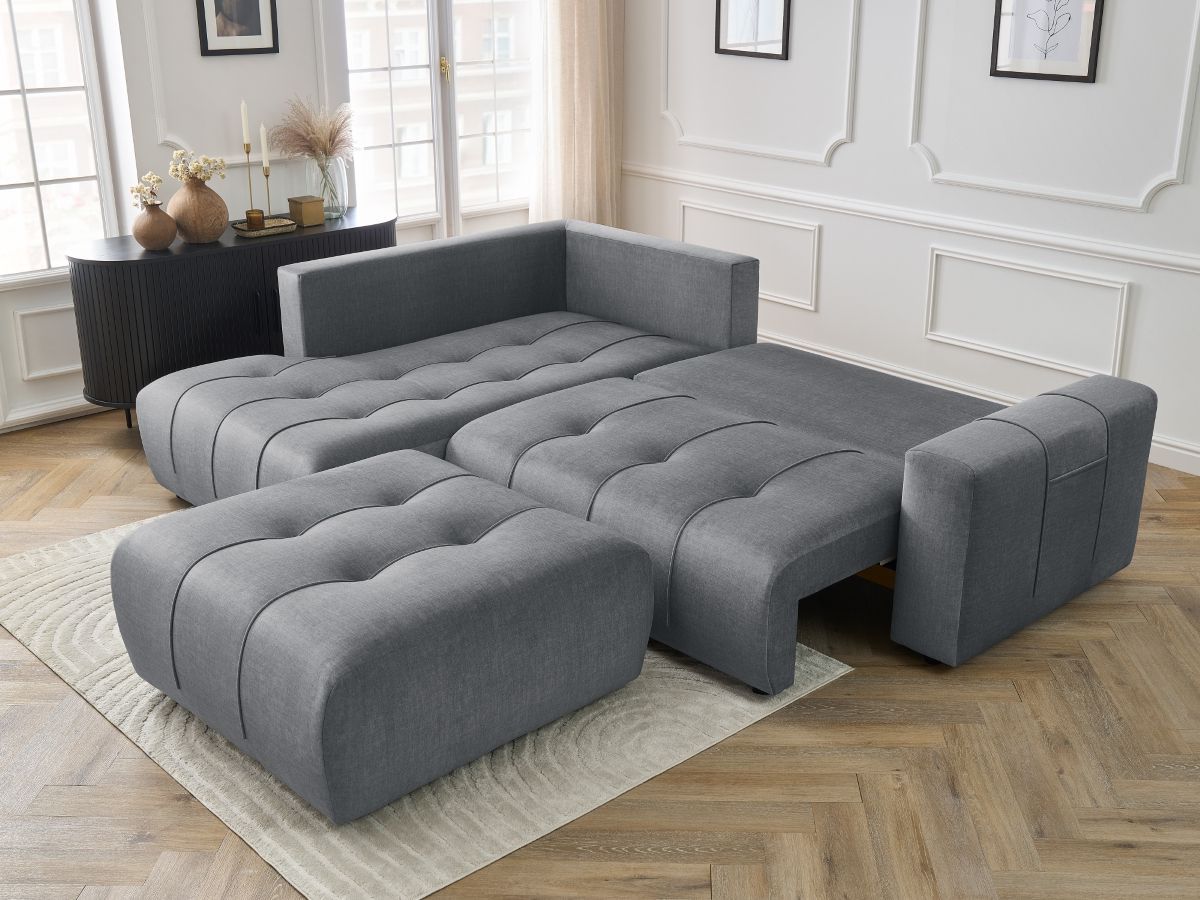 Canapé d'angle L convertible coffre ARSENE tissu velours avec pouf