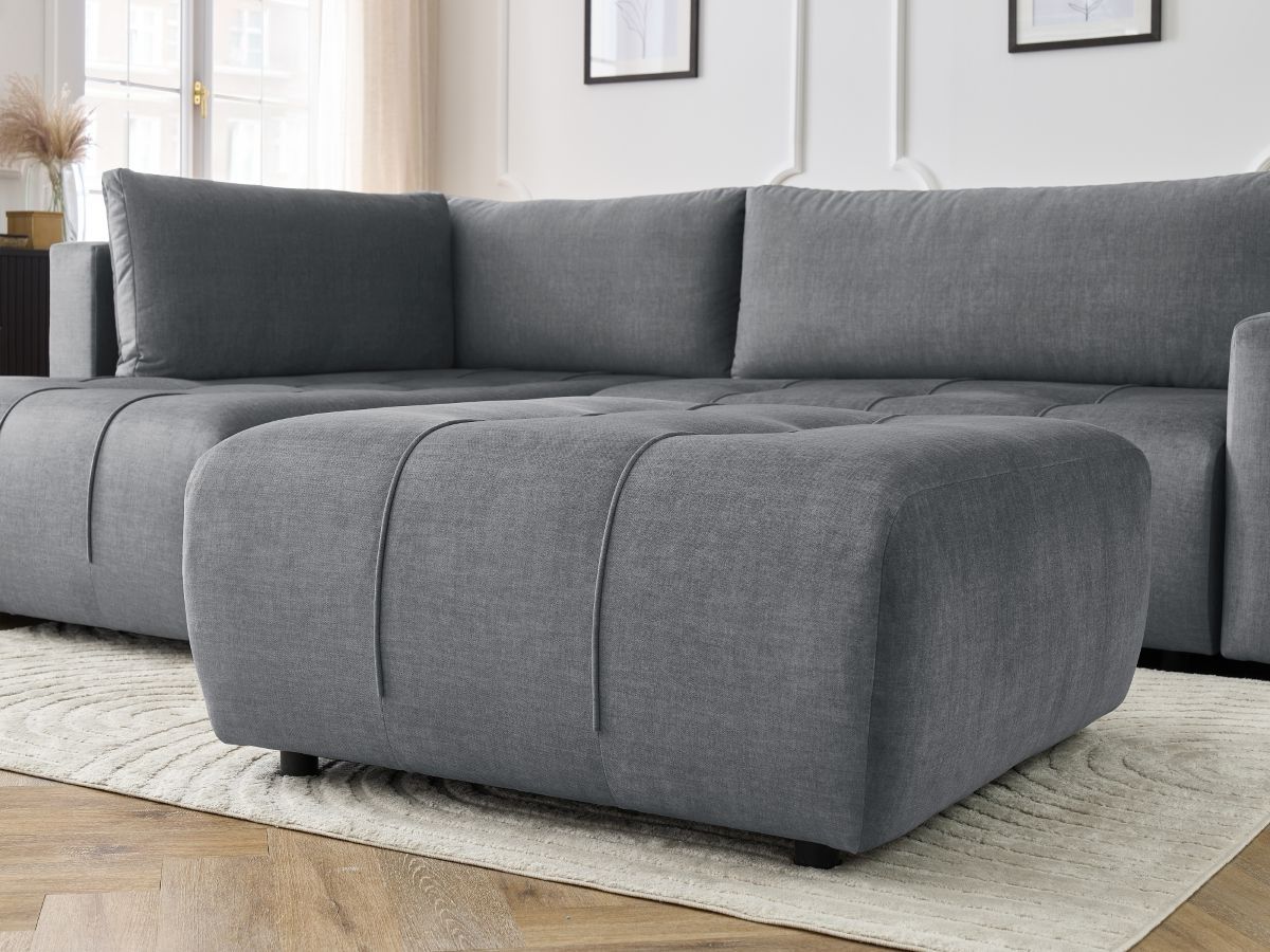 Canapé d'angle L convertible coffre ARSENE tissu velours avec pouf