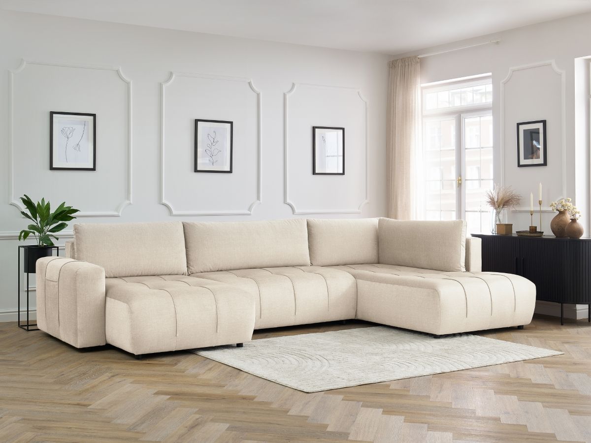 Canapé panoramique convertible coffre ARSENE tissu velours beige angle gauche BOBOCHIC 5 places - Vue supplémentaire 3