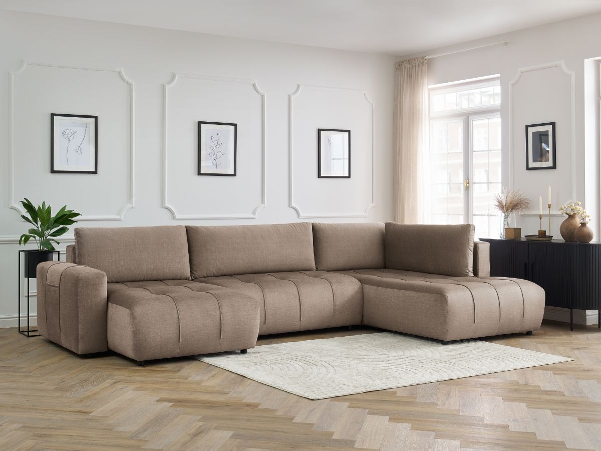 Canapé panoramique convertible coffre ARSENE tissu velours taupe angle gauche BOBOCHIC 5 places - Vue supplémentaire 3