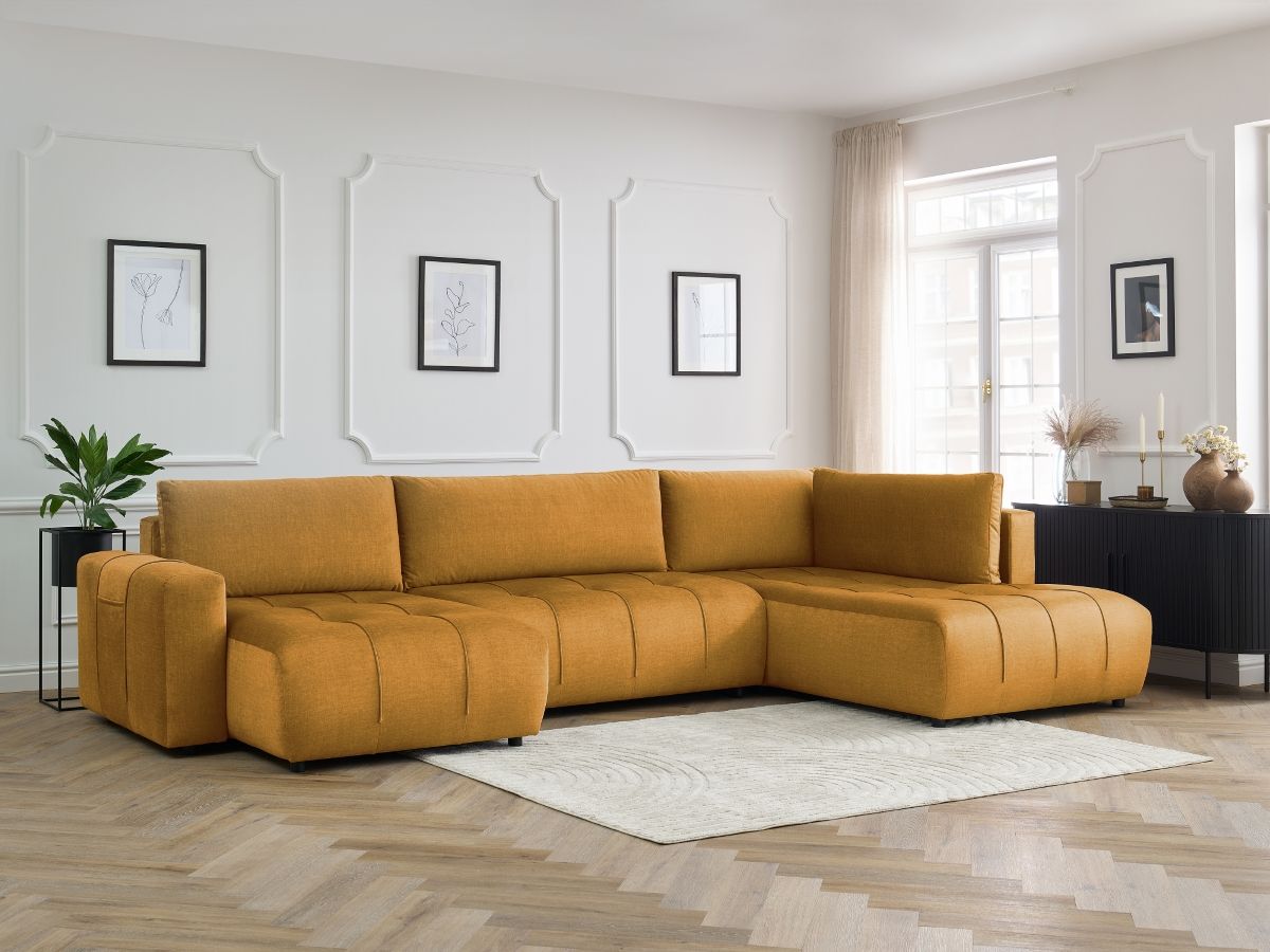 Canapé panoramique convertible coffre ARSENE tissu velours jaune angle gauche BOBOCHIC 5 places - Vue supplémentaire 3