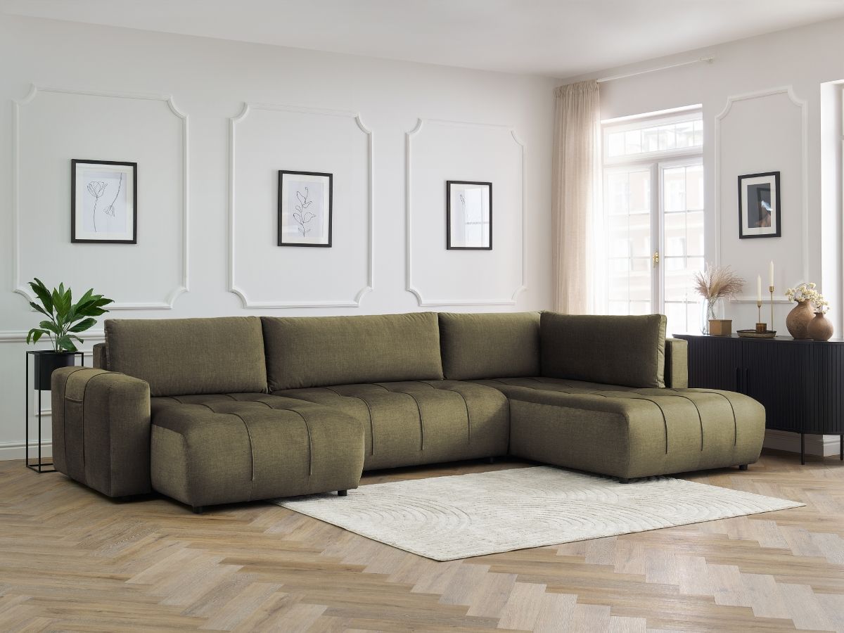 Canapé panoramique convertible coffre ARSENE tissu velours vert angle gauche BOBOCHIC 5 places - Vue supplémentaire 3