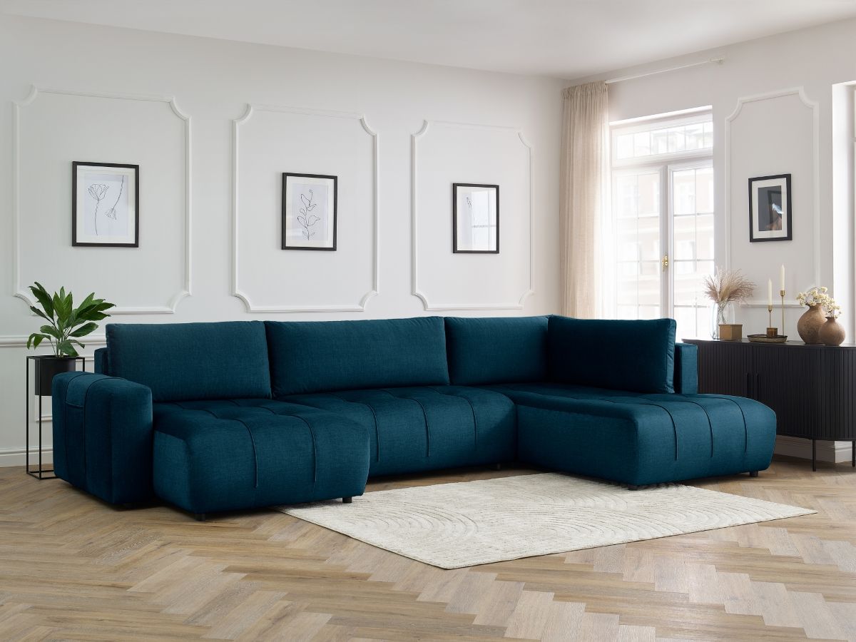Canapé panoramique convertible coffre ARSENE tissu velours bleu angle gauche BOBOCHIC 5 places - Vue supplémentaire 3