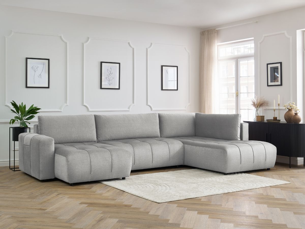 Canapé panoramique convertible coffre ARSENE tissu velours gris clair angle gauche BOBOCHIC 5 places - Vue supplémentaire 3
