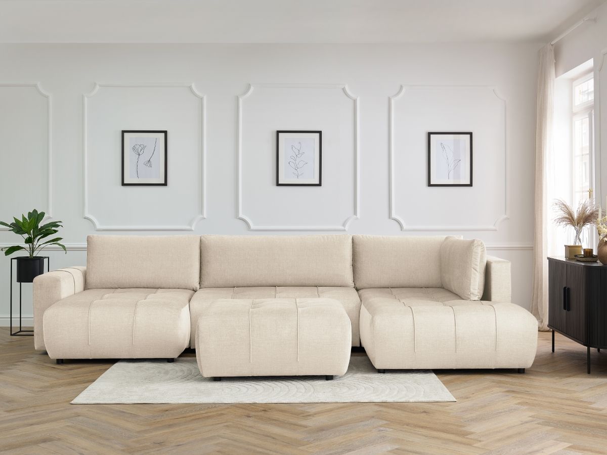 Canapé panoramique convertible coffre ARSENE tissu velours avec pouf