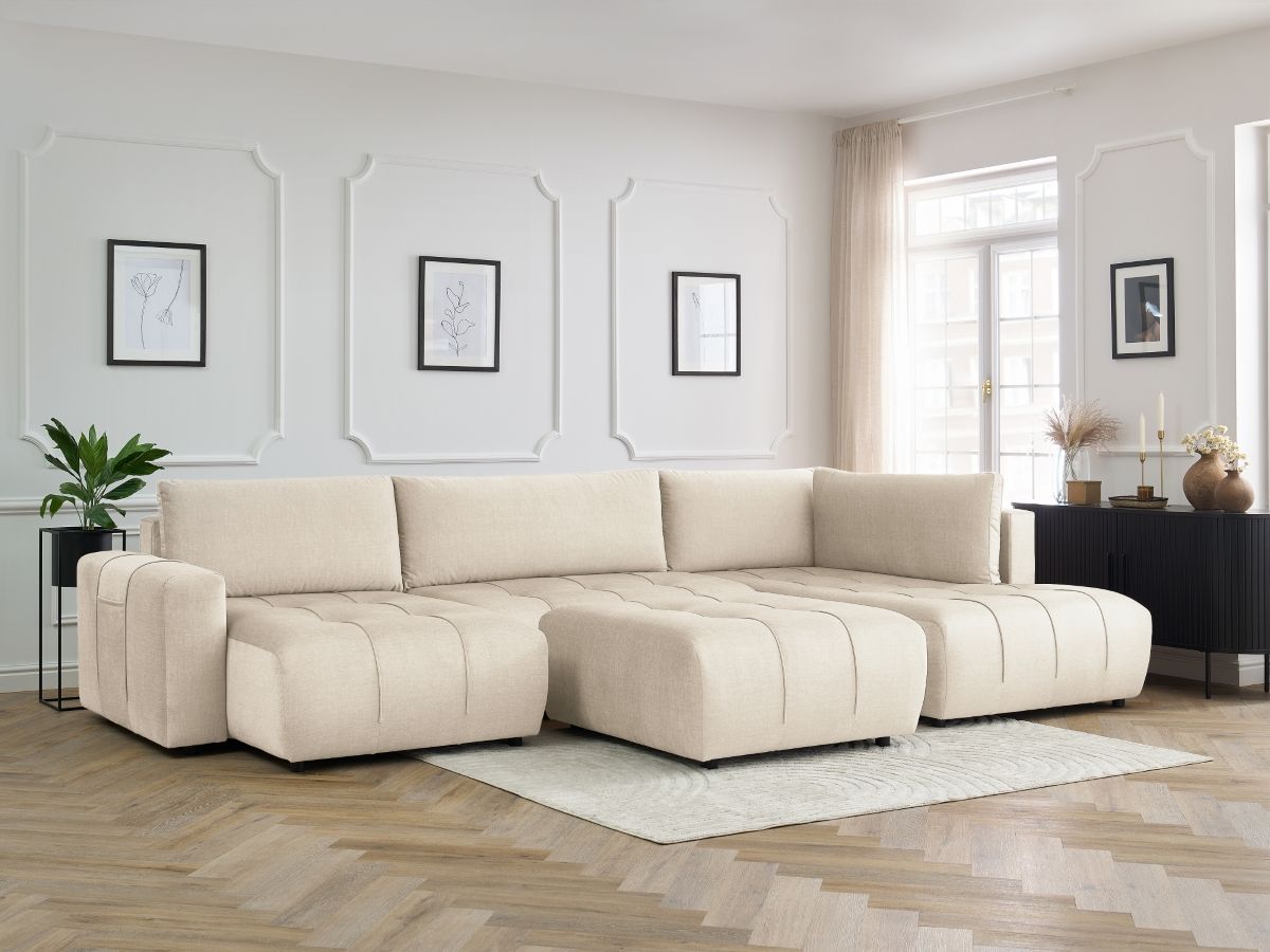 Canapé panoramique convertible coffre ARSENE tissu velours avec pouf beige angle gauche BOBOCHIC 6 places - Vue supplémentaire 3