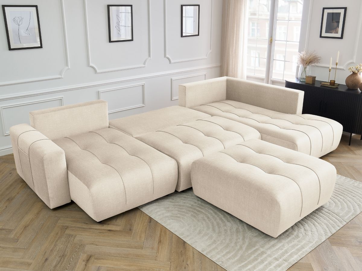 Canapé panoramique convertible coffre ARSENE tissu velours avec pouf