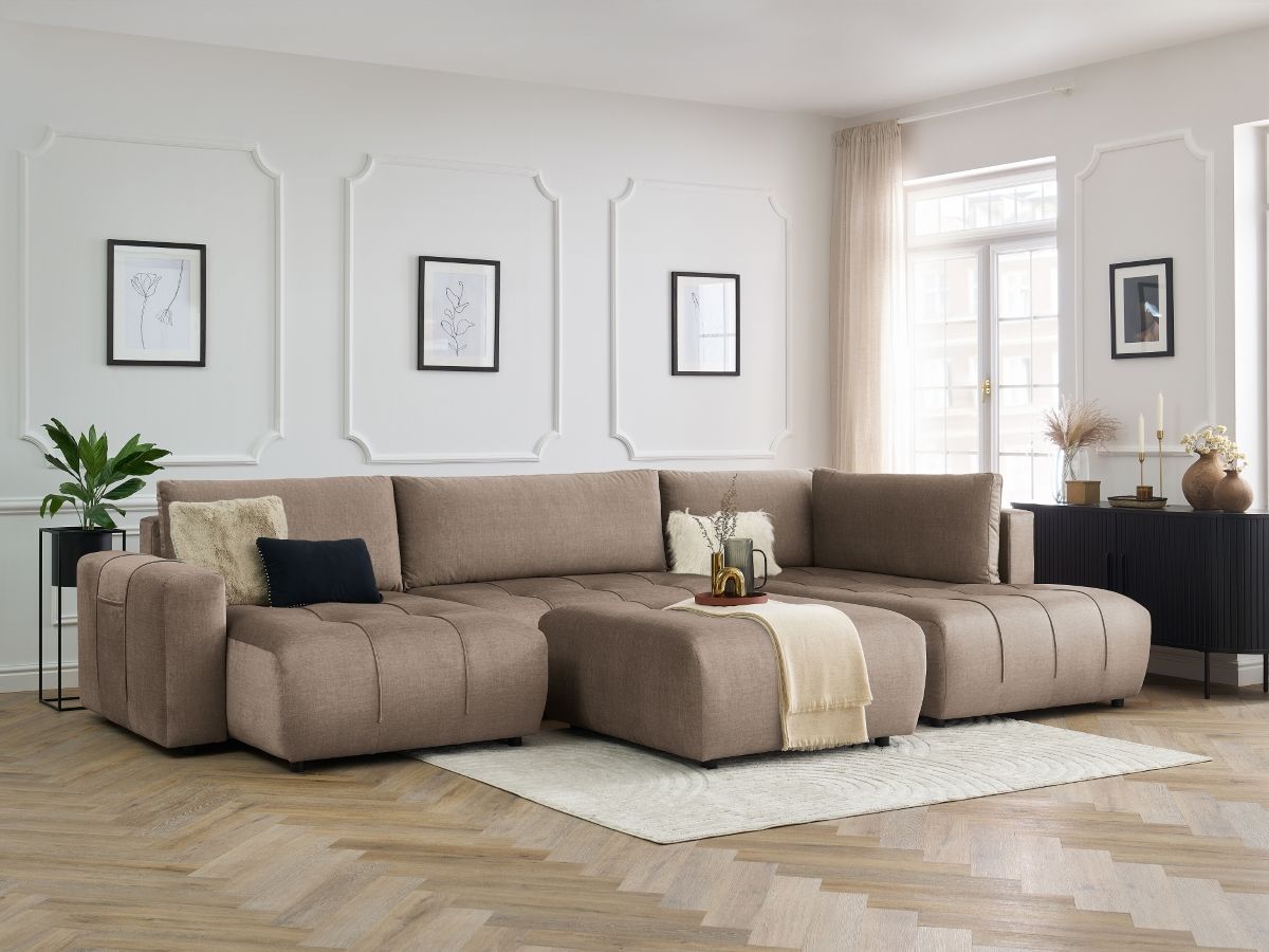 Canapé panoramique convertible coffre ARSENE tissu velours avec pouf