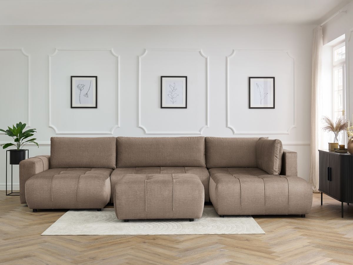 Canapé panoramique convertible coffre ARSENE tissu velours avec pouf
