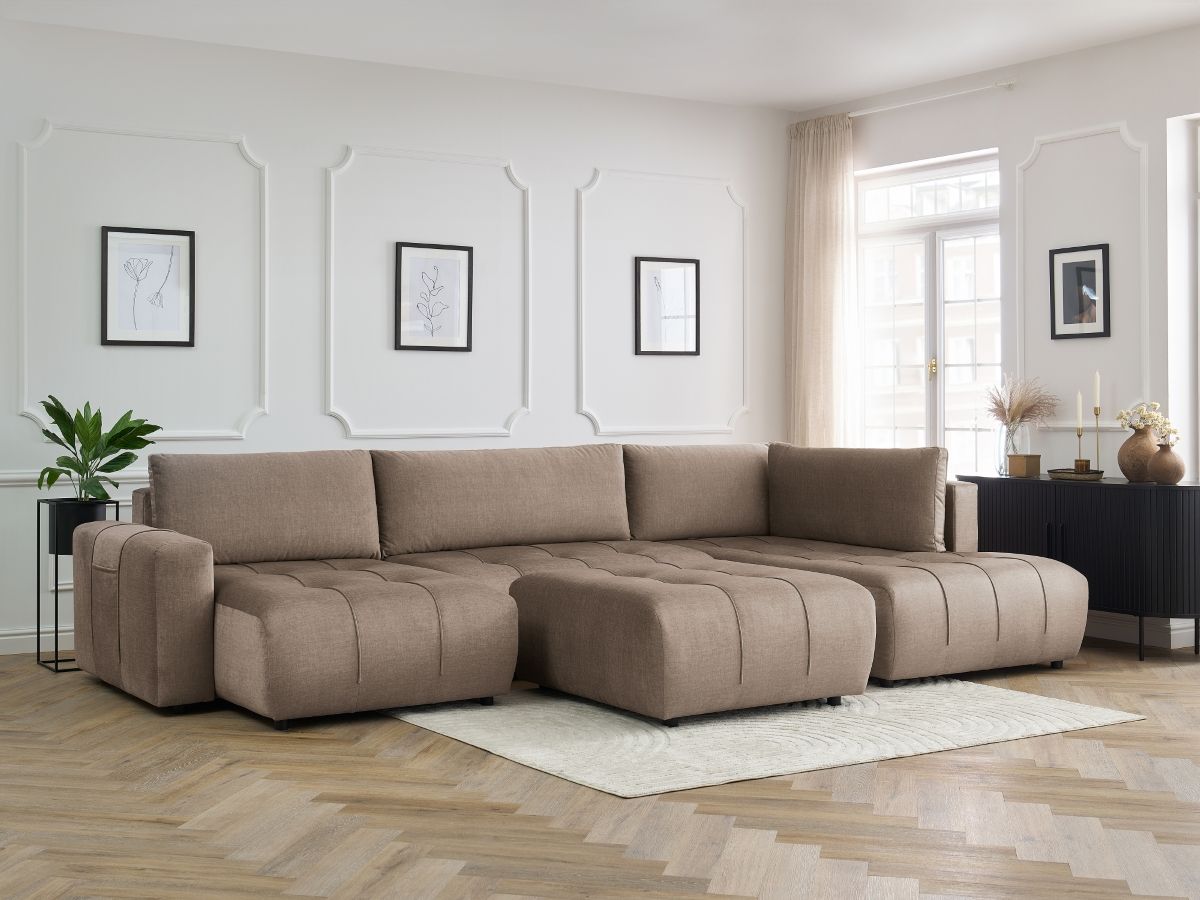 Canapé panoramique convertible coffre ARSENE tissu velours avec pouf taupe angle gauche BOBOCHIC 6 places - Vue supplémentaire 3