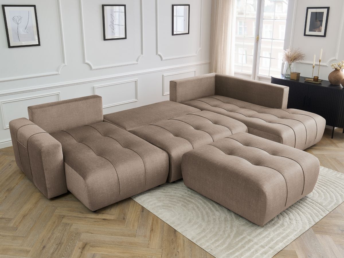 Canapé panoramique convertible coffre ARSENE tissu velours avec pouf