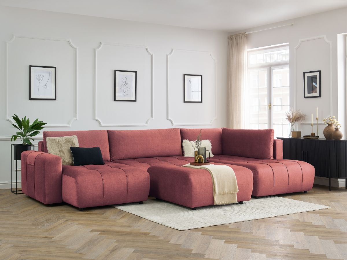 Canapé panoramique convertible coffre ARSENE tissu velours avec pouf
