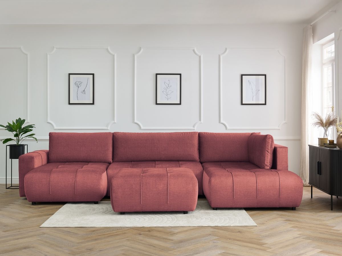 Canapé panoramique convertible coffre ARSENE tissu velours avec pouf