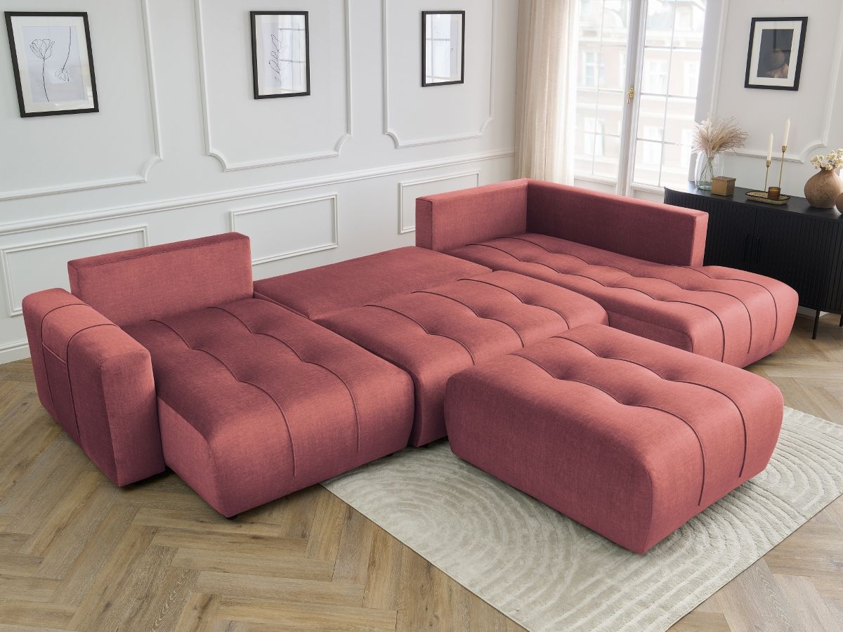 Canapé panoramique convertible coffre ARSENE tissu velours avec pouf