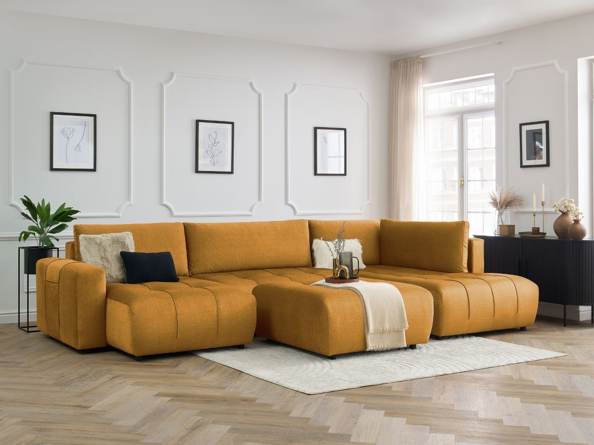 Canapé panoramique convertible coffre ARSENE tissu velours avec pouf