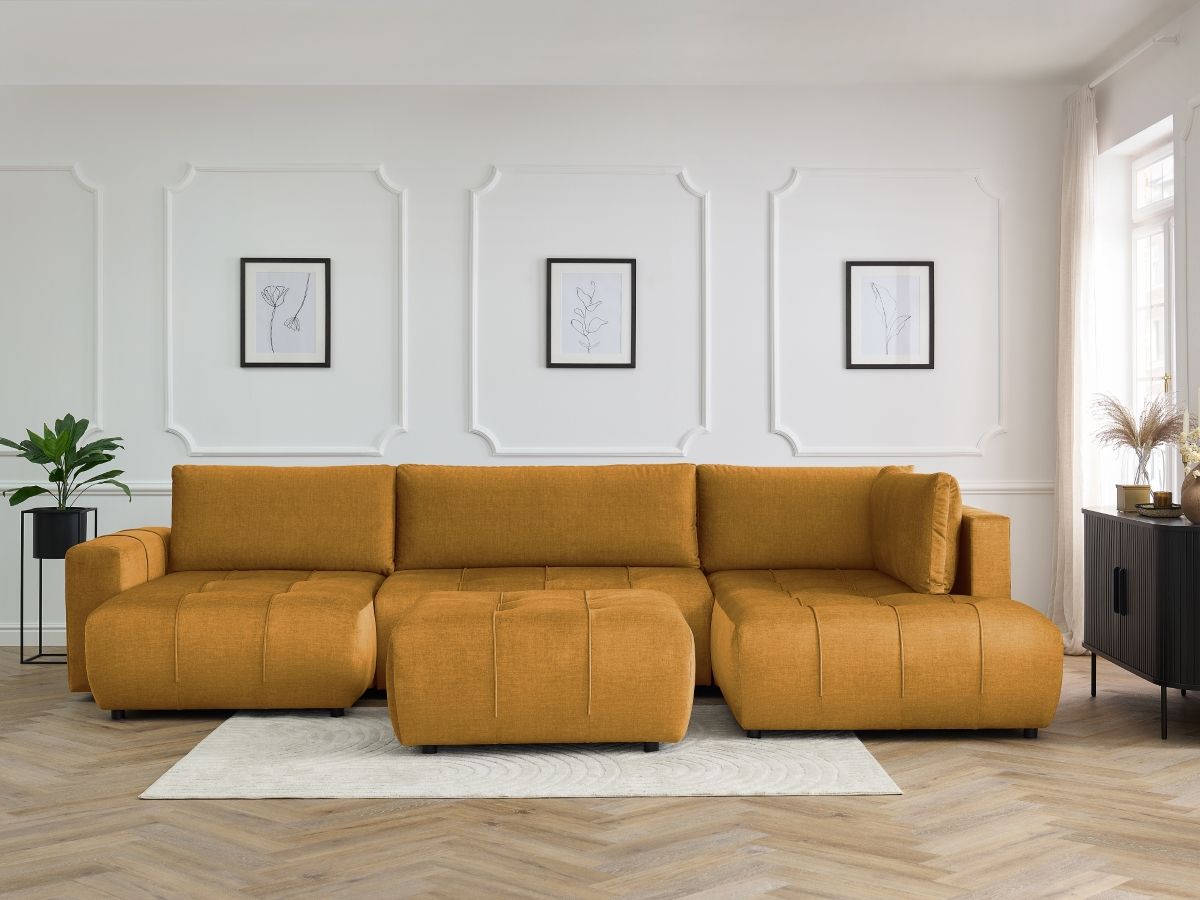 Canapé panoramique convertible coffre ARSENE tissu velours avec pouf