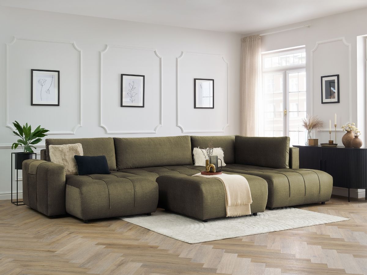 Canapé panoramique convertible coffre ARSENE tissu velours avec pouf