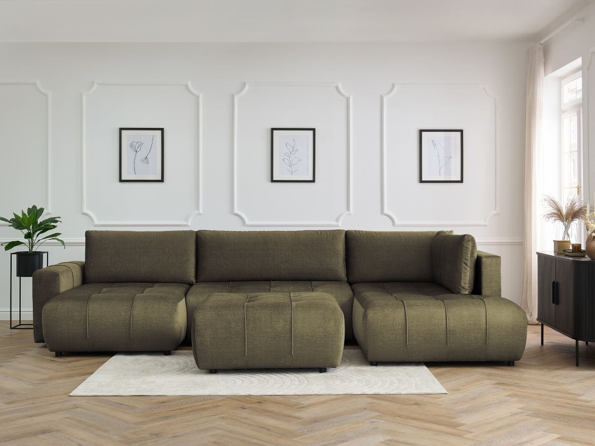 Canapé panoramique convertible coffre ARSENE tissu velours avec pouf