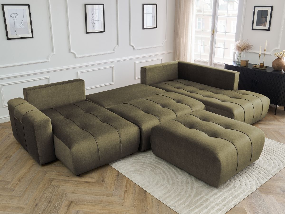 Canapé panoramique convertible coffre ARSENE tissu velours avec pouf