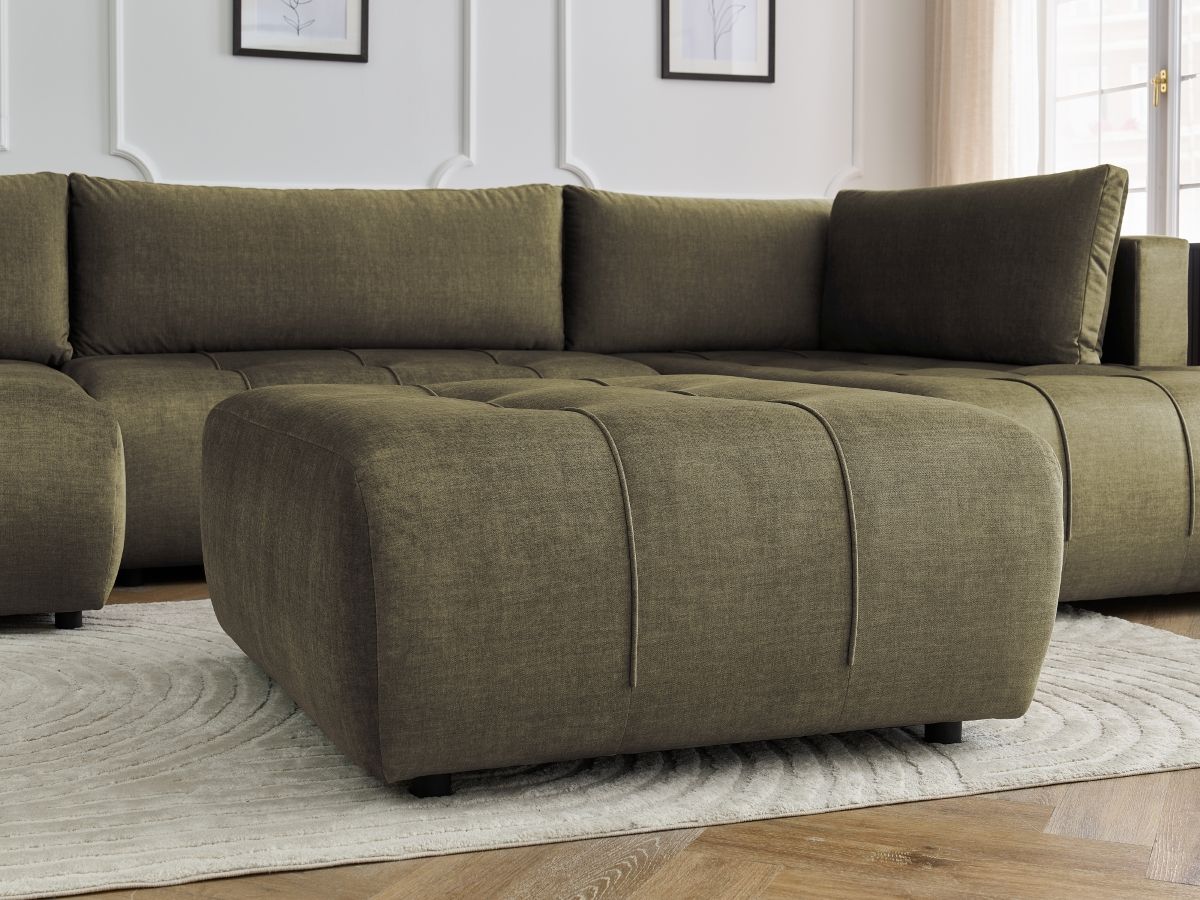 Canapé panoramique convertible coffre ARSENE tissu velours avec pouf