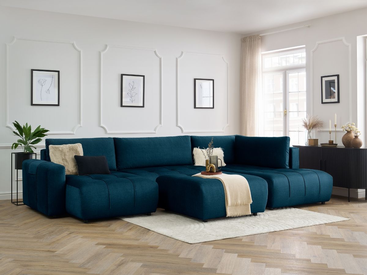 Canapé panoramique convertible coffre ARSENE tissu velours avec pouf