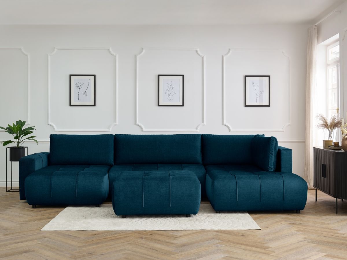 Canapé panoramique convertible coffre ARSENE tissu velours avec pouf