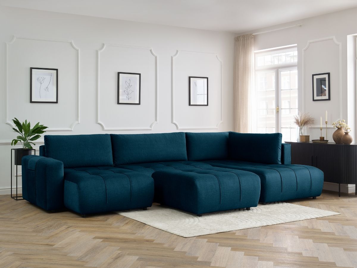 Canapé panoramique convertible coffre ARSENE tissu velours avec pouf bleu angle gauche BOBOCHIC 6 places - Vue supplémentaire 3