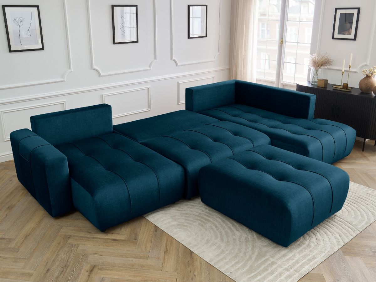 Canapé panoramique convertible coffre ARSENE tissu velours avec pouf