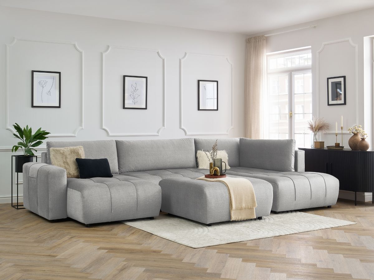 Canapé panoramique convertible coffre ARSENE tissu velours avec pouf
