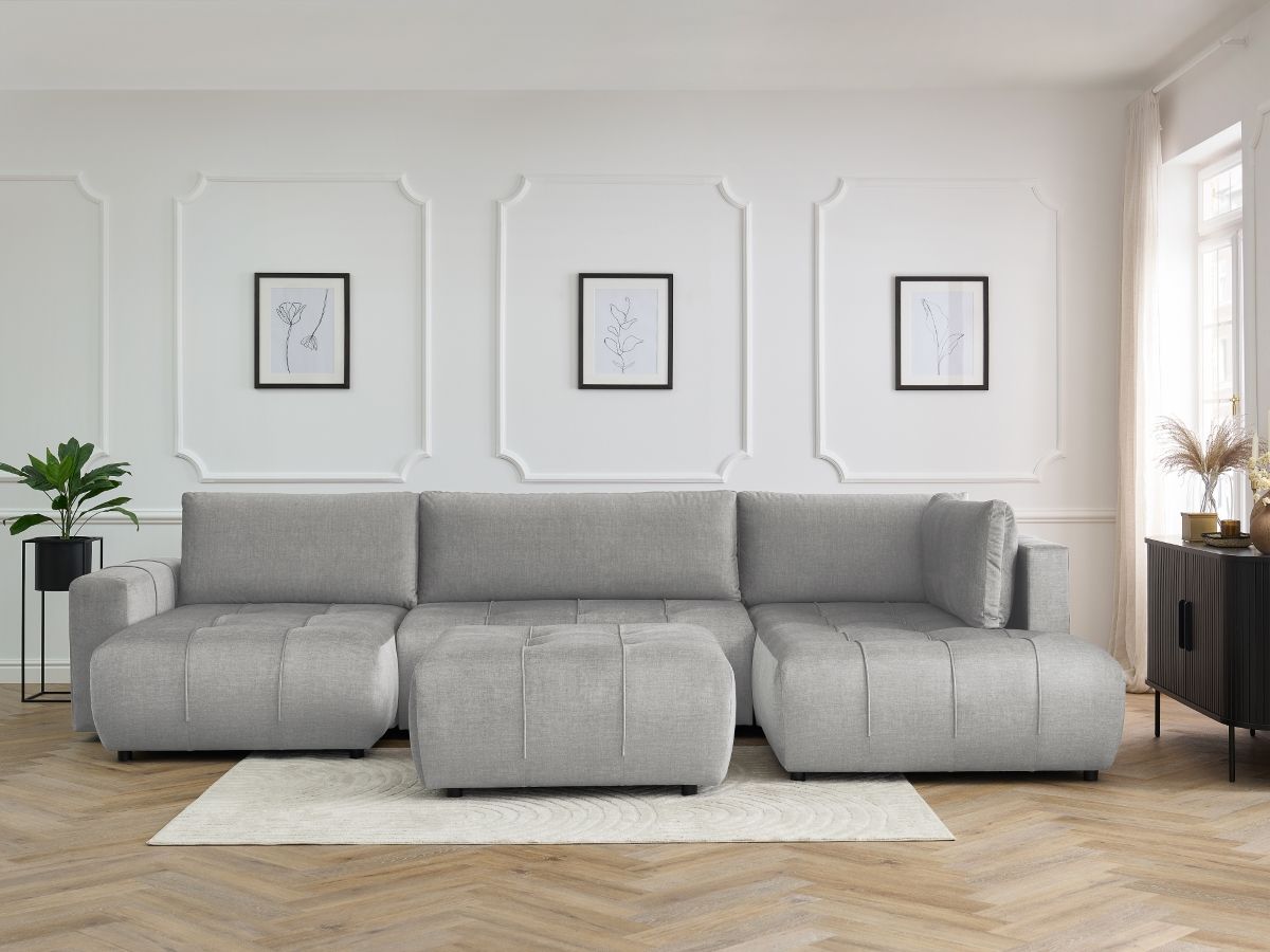 Canapé panoramique convertible coffre ARSENE tissu velours avec pouf