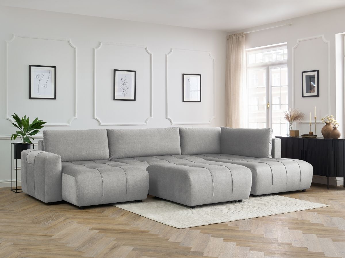 Canapé panoramique convertible coffre ARSENE tissu velours avec pouf gris clair  angle gauche BOBOCHIC 6 places - Vue supplémentaire 3