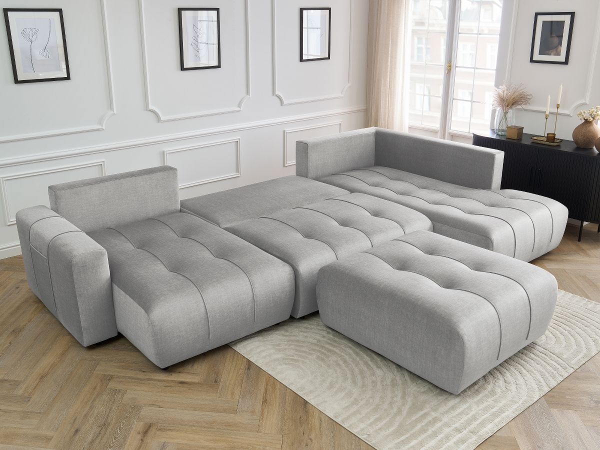Canapé panoramique convertible coffre ARSENE tissu velours avec pouf