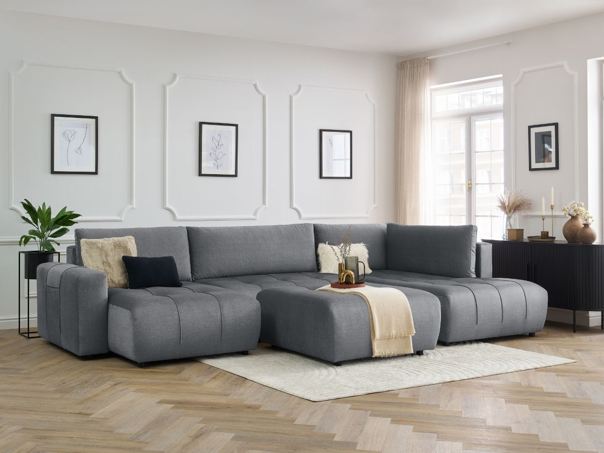 Canapé panoramique convertible coffre ARSENE tissu velours avec pouf