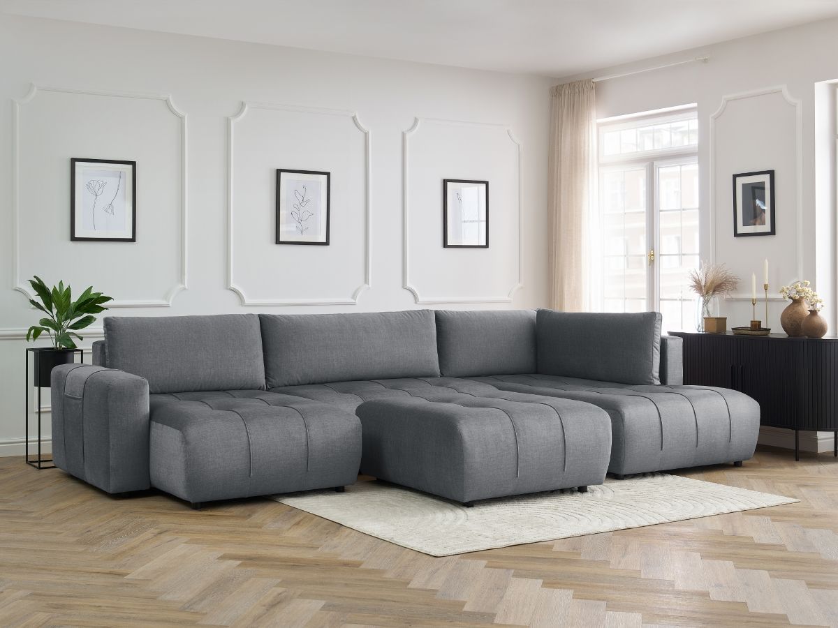 Canapé panoramique convertible coffre ARSENE tissu velours avec pouf gris foncé angle gauche BOBOCHIC 6 places - Vue supplémentaire 3
