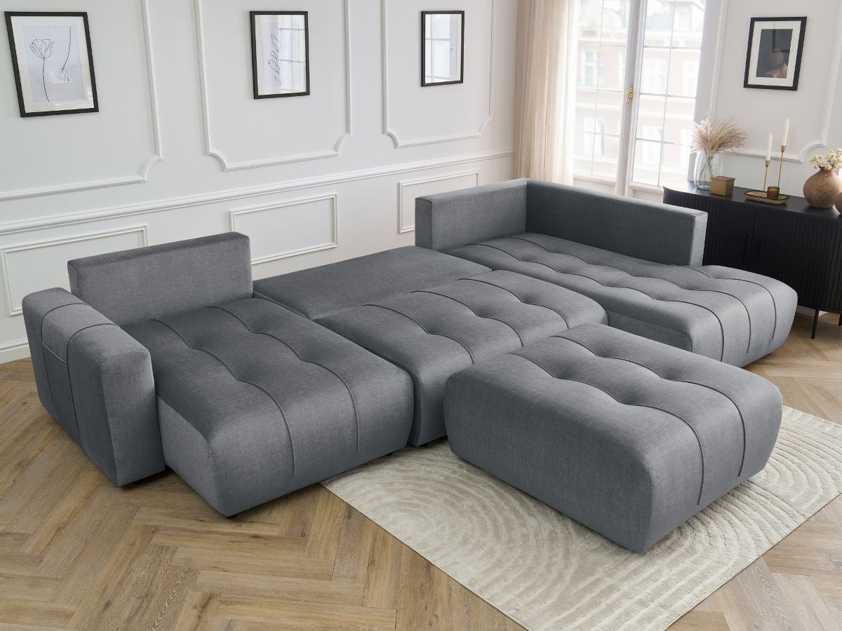 Canapé panoramique convertible coffre ARSENE tissu velours avec pouf