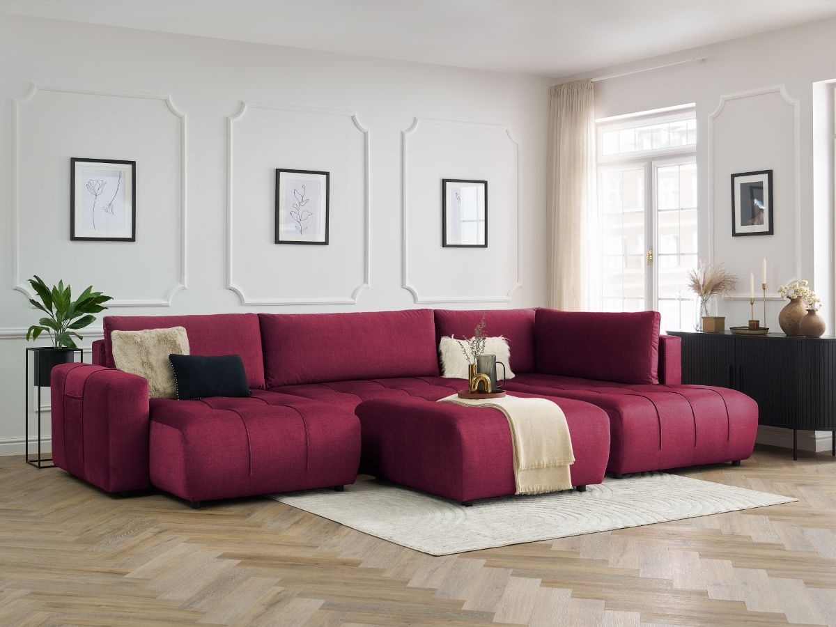 Canapé panoramique convertible coffre ARSENE tissu velours avec pouf rouge  angle gauche BOBOCHIC 6 places