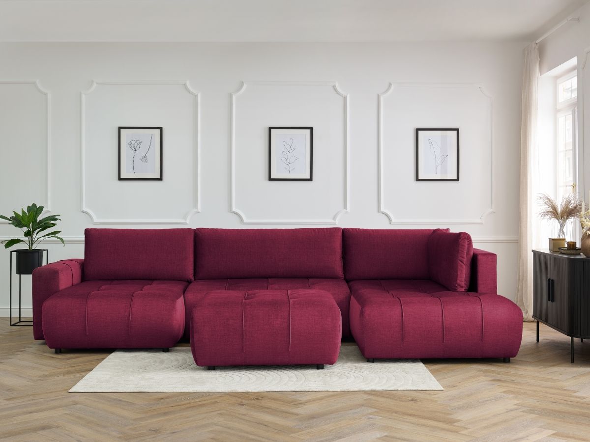 Canapé panoramique convertible coffre ARSENE tissu velours avec pouf