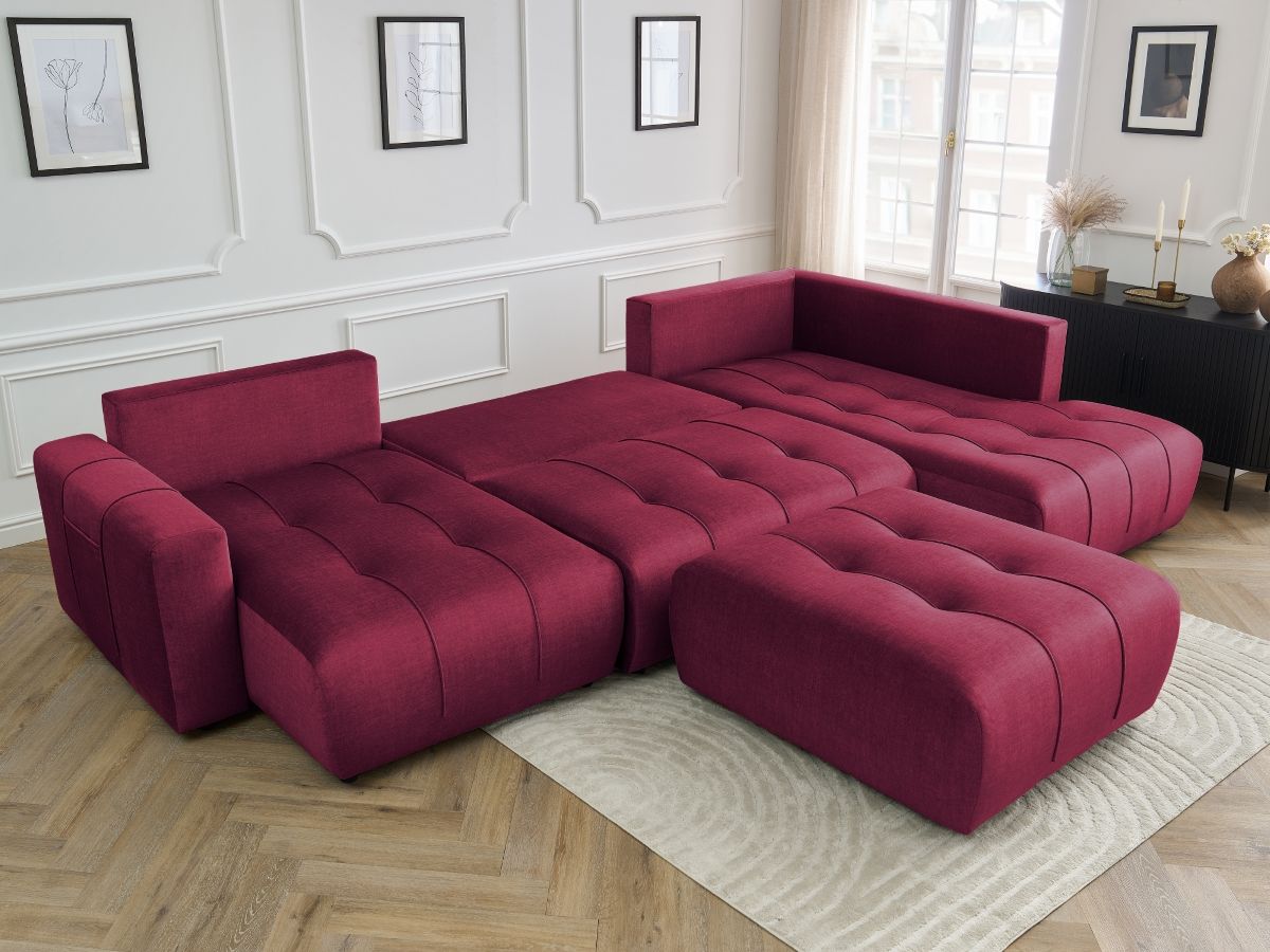 Canapé panoramique convertible coffre ARSENE tissu velours avec pouf