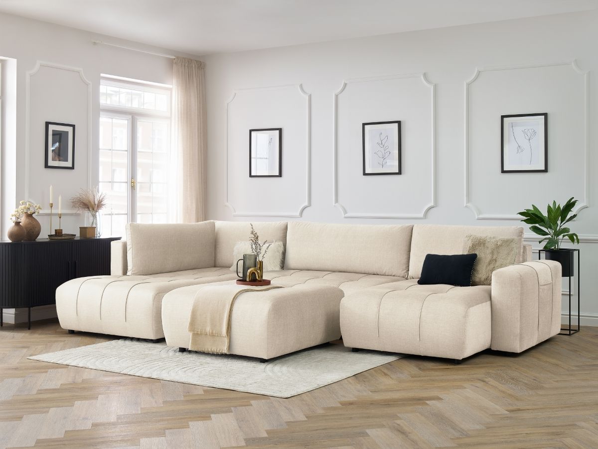 Canapé panoramique convertible coffre ARSENE tissu velours avec pouf beige  angle droit BOBOCHIC 6 places