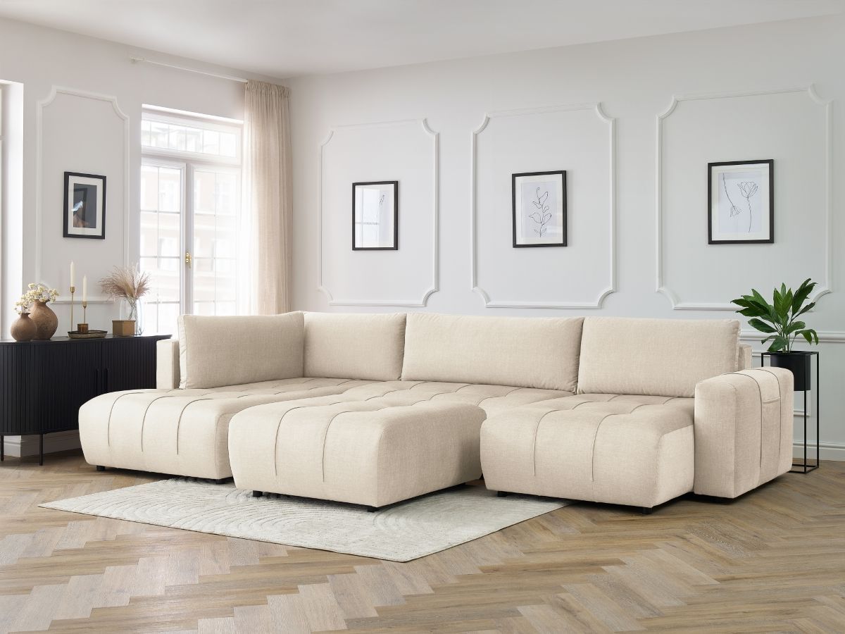 Canapé panoramique convertible coffre ARSENE velours avec pouf beige — vue 5