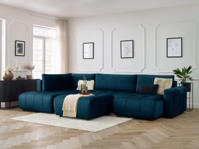 Canapé panoramique convertible coffre ARSENE tissu velours avec pouf