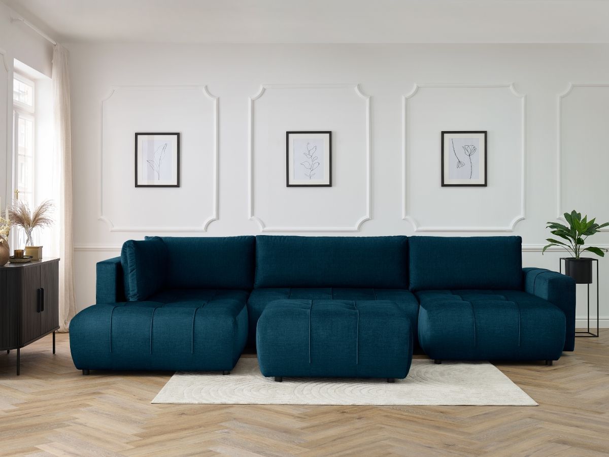 Canapé panoramique convertible coffre ARSENE tissu velours avec pouf