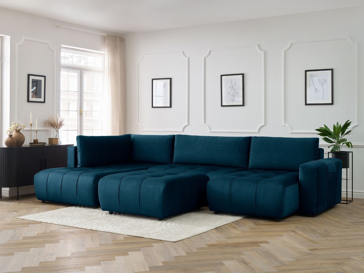 Canapé panoramique convertible coffre ARSENE velours avec pouf bleu — vue 5