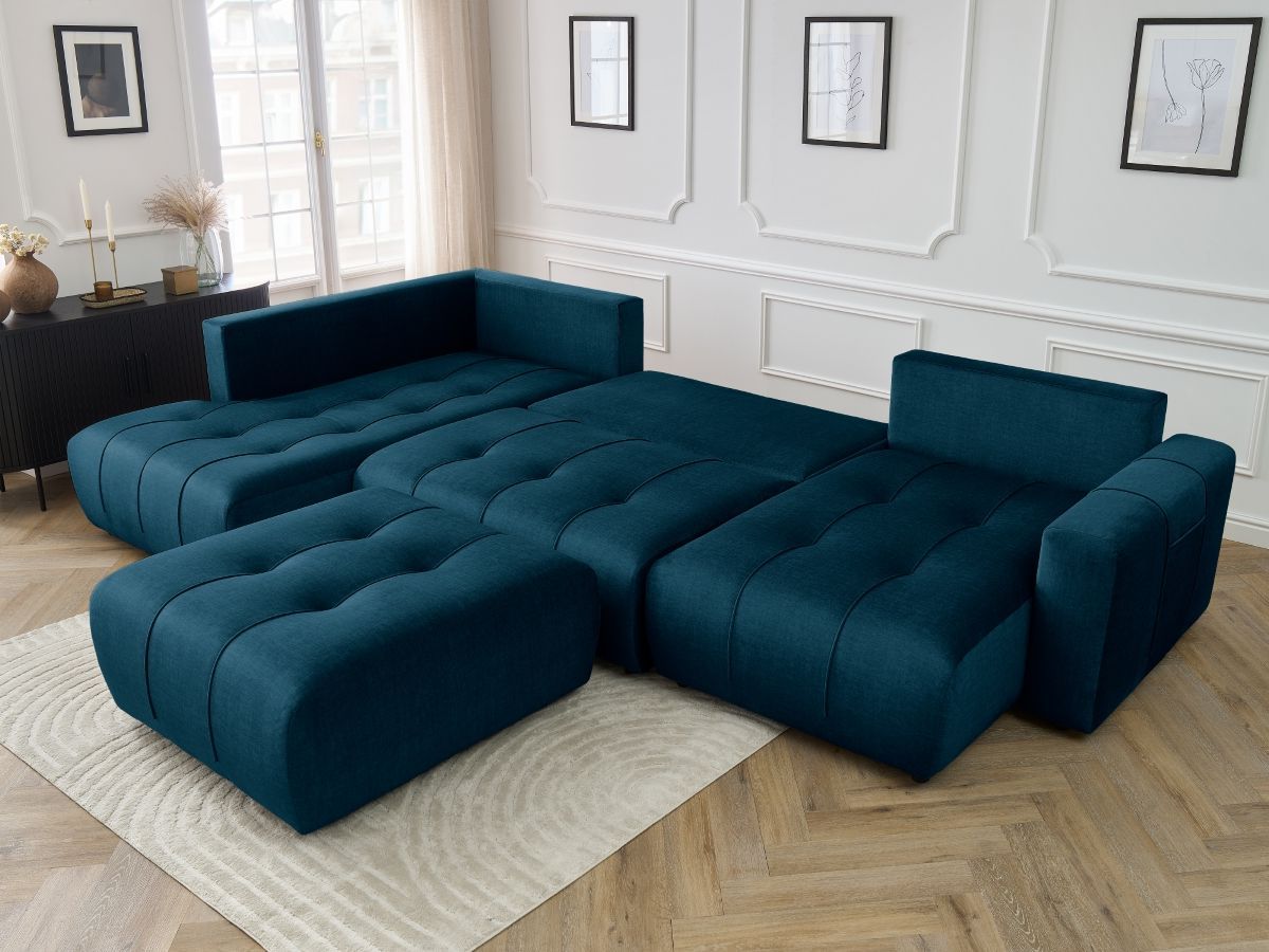 Canapé panoramique convertible coffre ARSENE tissu velours avec pouf