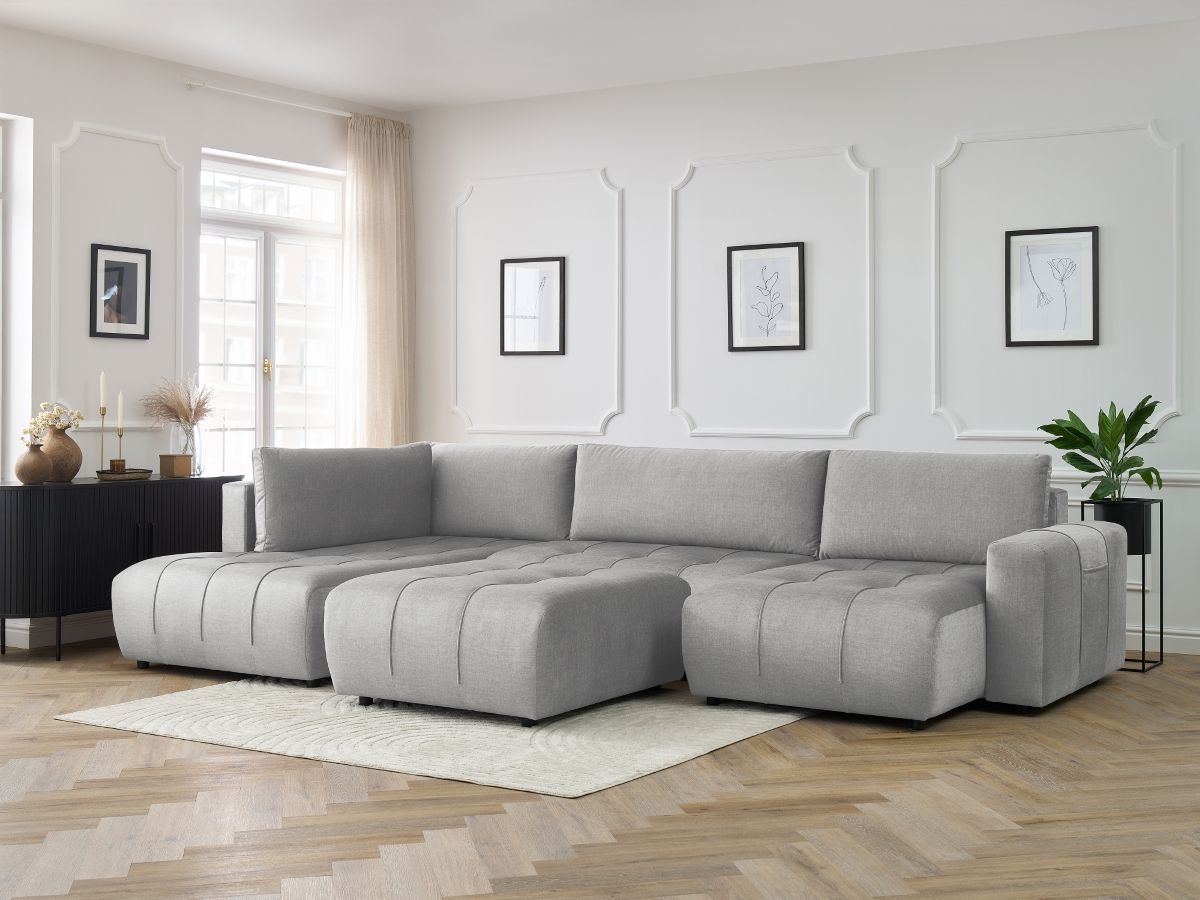 Canapé panoramique convertible coffre ARSENE velours avec pouf gris clair — vue 5