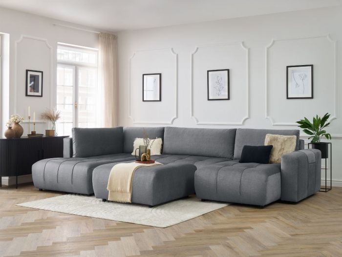Canapé panoramique convertible coffre ARSENE tissu velours avec pouf
