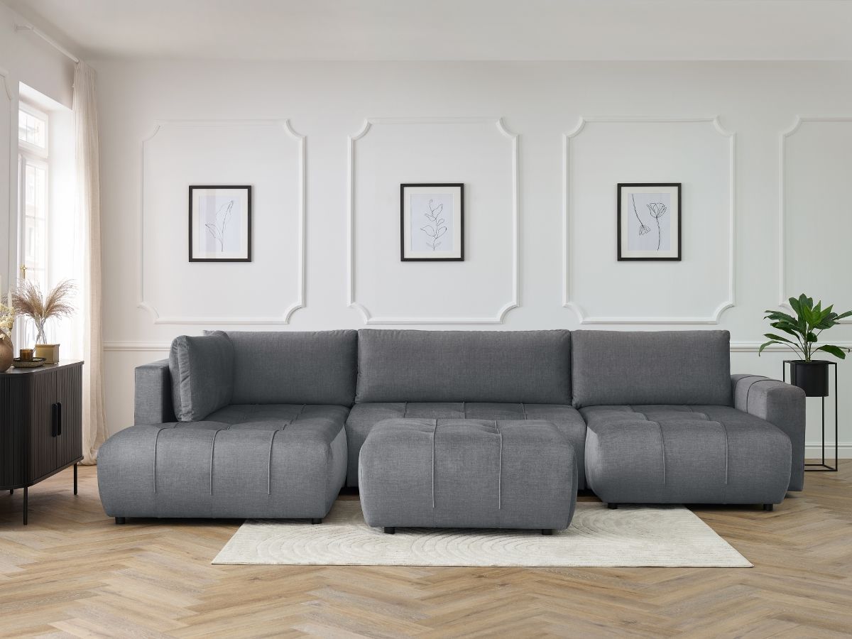 Canapé panoramique convertible coffre ARSENE tissu velours avec pouf