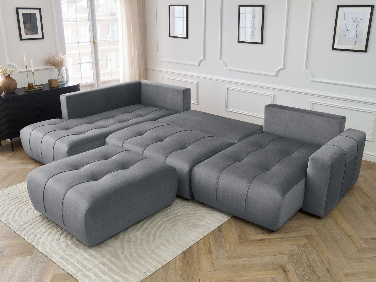 Canapé panoramique convertible coffre ARSENE tissu velours avec pouf