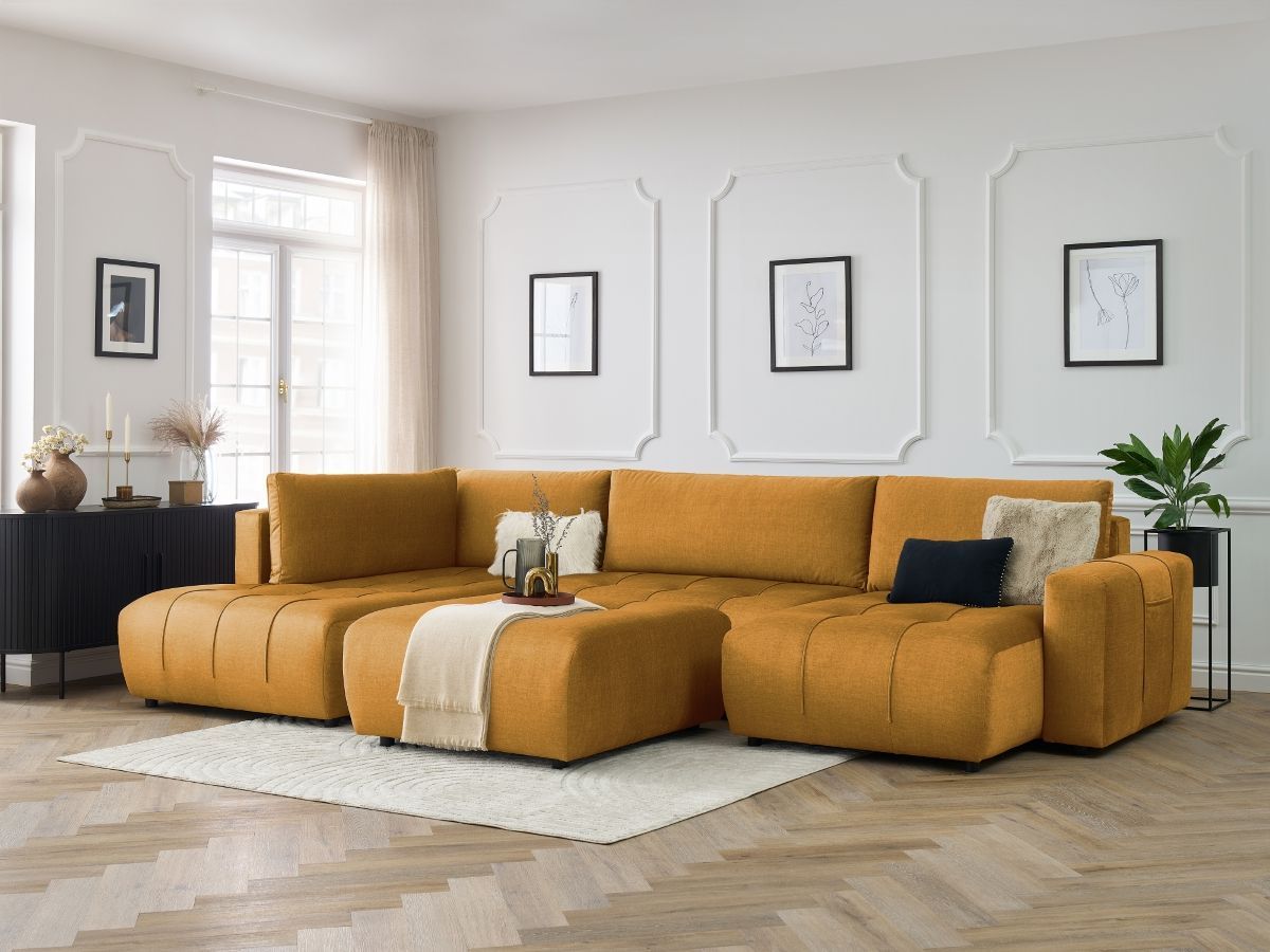 Canapé panoramique convertible coffre ARSENE tissu velours avec pouf